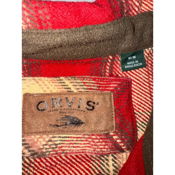 Orvis Men Heavyweight Plaid Flannel Button Down Red and Cream - Picture 4 of 6